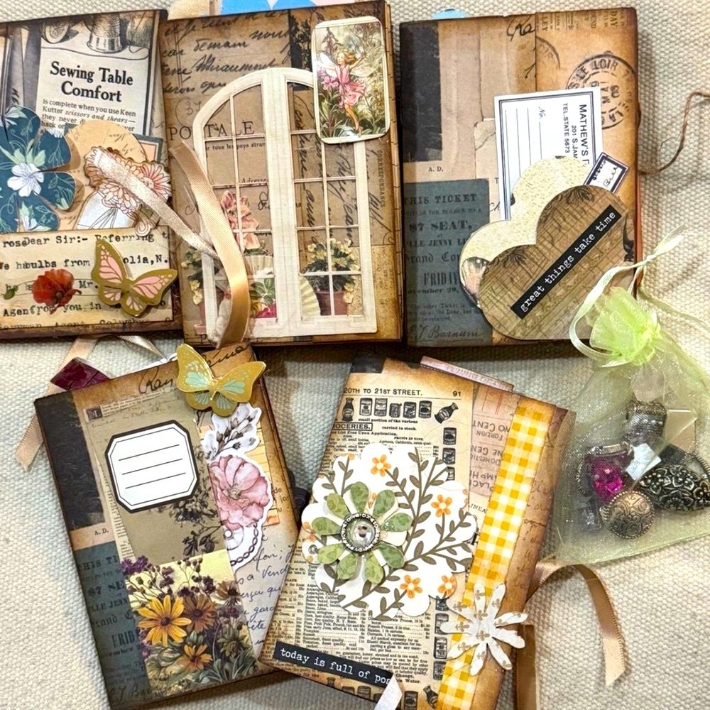 Mini Junk Journals Set of 5 Handmade and a Bag of Charms and Gems